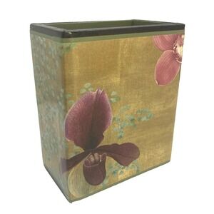 Vintage MCM Wooden Decoupage Pen Holder Iris Flowers 4.25"